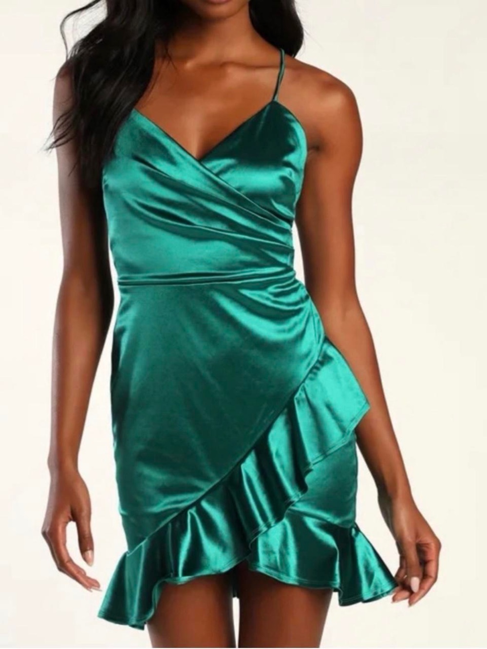 Emerald Satin Ruffle Slip Dress